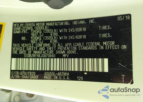 2018 Toyota Highlander Le z USA, uszkodzony, nr VIN 5TDBZRFHXJS870840